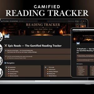 May include: A digital gamified reading tracker displayed on a laptop and tablet screen. The interface features a dark theme with sections for books, XP and levels, reading goals, and reading stats. Text includes "GAMIFIED READING TRACKER" and "Epic Reads".