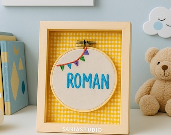 Gingham Baby Name Sign For Room, Custom Name Embroidery For Nursery, Gingham Frame Wall Art Decor For Baby Boy, Personalized Embroidery hoop