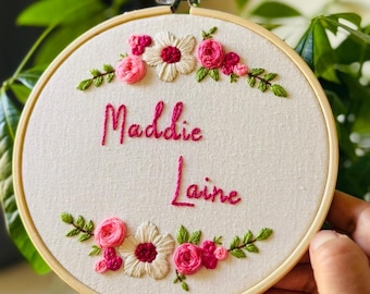 Baby name sign embroidered with florals, newborn birth announcement plaque, nursery wall hanging, gift for new mum, baby girl keepsake gift