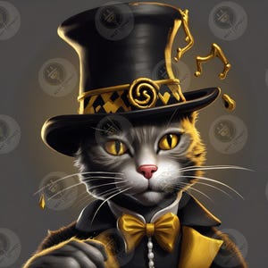 May include: A gray cat wearing a black top hat with gold trim and a gold bow tie. The hat has a gold swirl design and a gold drip running down the side. The cat has yellow eyes and a serious expression.