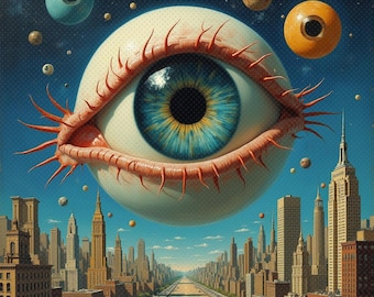 One Eye Open Surreal City Art Print - Dreamlike Urban Wall Decor