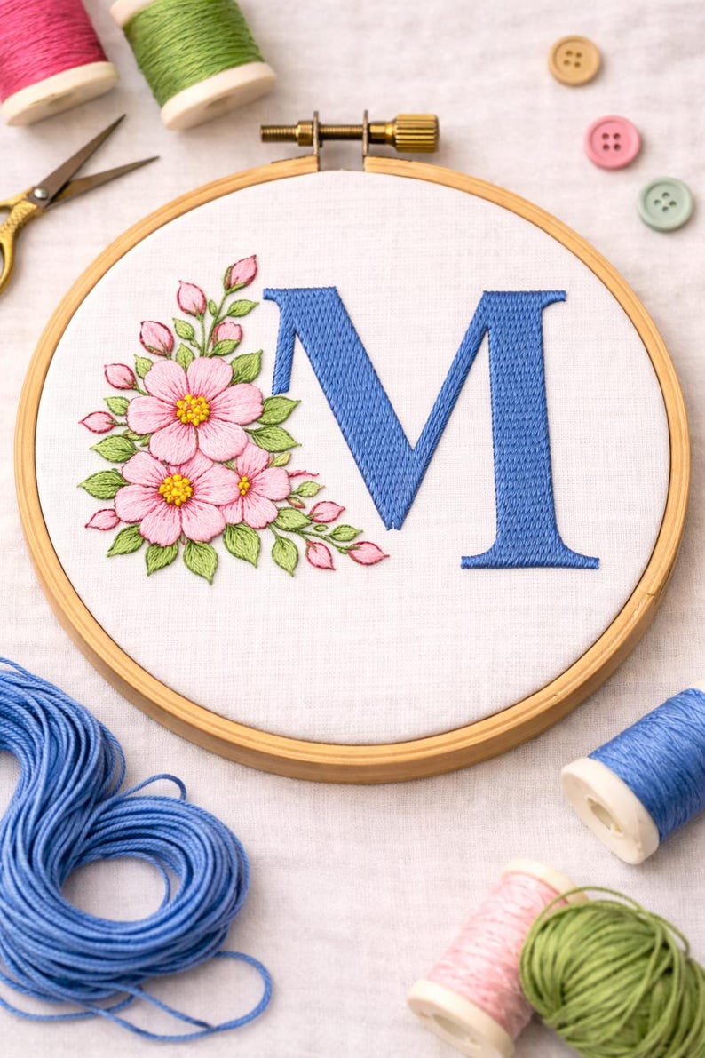 Letter M Pattern Design Floral Letter M Embroidery Pattern | Elegant Monogram Initial | 6 Hoop ...