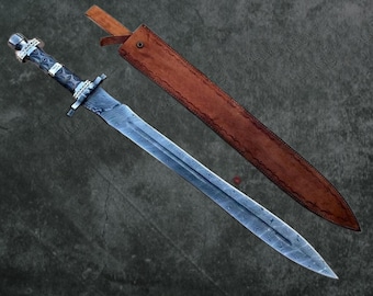 Hand Forged Damascus Steel Sword, Handmade Sword, Sword with Black Leather Sheath, Personalized Gift, Anniversary Gift ,Best Gift For Him