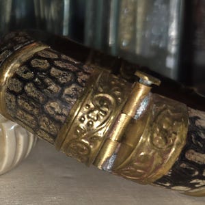 Vintage 1970s Brass and Genuine Snakeskin Bangle Bracelet | Python Skin Inlay Hinged Clamper with Pin Closure | Boho Statement Jewelry
