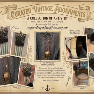 May include: A promotional display titled Curated Vintage Adornments featuring various jewelry pieces including a hammered metal pendant with light-colored fringe, a curved ceramic pendant on a cord, and several hand-carved bone bangles.