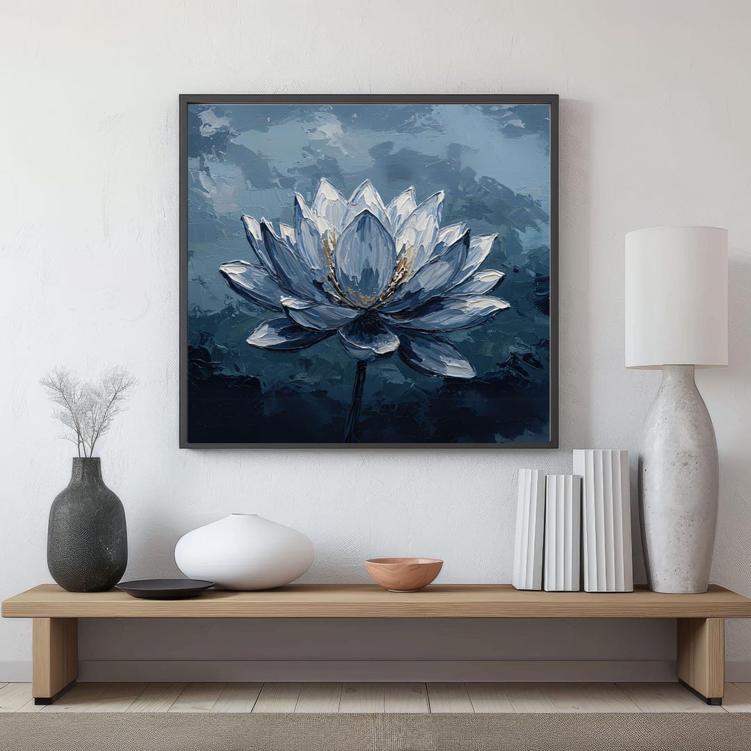 Blue Lotus Flower Art Print: Textured Oil Painting, Zen Floral Decor - Etsy