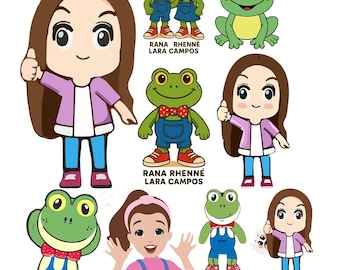 Rana Rhenné and Lara Campos Cartoon Sticker Set - Cute Frog and Girl Character Clipart Digital Download