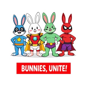 Esquadrão de Coelhinhos Super-Heróis PNG | Clipart de Coelhinho Fofo de Desenho Animado | Gráfico de Coelhinhos Unidos | Arte de Animais Super-Heróis para Crianças | Download Digital