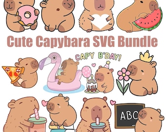 Cute Capybara SVG Bundle | Kawaii Animal Clipart | Funny Capybara PNG | Printable Stickers | Boba, Food, Birthday SVG Pack Digital Download