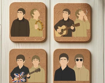 Oasis Themed Untersetzer - 4er-Set oder Singles Cork Drink Mats mit Noel und Liam Gallagher - Band Merch Merchandise, Valentinstag