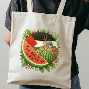 Palestinian Tote Bag – Al-Aqsa Mosque & Watermelon Design | Free Palestine Canvas Bag | Jerusalem Mosque Flag Print, Reusable Shopping Bag