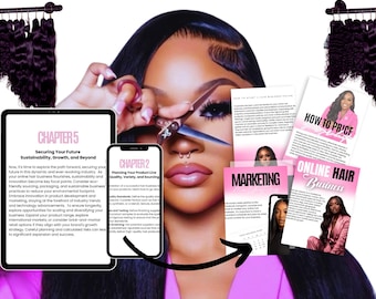 Puede incluir: Un diseño gráfico rosa y morado con el texto "Hairpreneur Hustle: How to start a hair business". El diseño presenta a una mujer con un fondo rosa y una variedad de extensiones de cabello. El diseño también incluye texto sobre "Securing Your Future: Sustainability, Growth, and Beyond" y "Planning Your Product Line: Quality, Variety, and Sourcing".