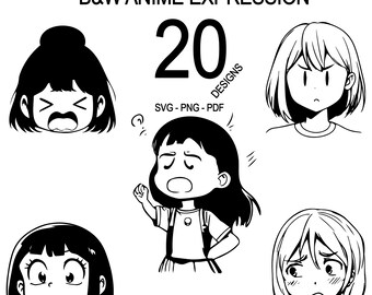May include: A set of 20 black and white anime character expressions in SVG, PNG, and PDF formats. The expressions include a variety of emotions, such as surprised, angry, and sad.