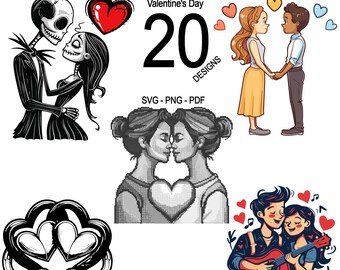 May include: A digital download bundle of 20 Valentine's Day themed SVG, PNG, and PDF designs. The designs feature couples, hearts, and romantic themes.