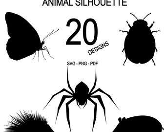 Puede incluir: Un conjunto de 20 diseños de siluetas de animales negros, que incluyen una mariposa, una araña, un escarabajo, un erizo y un cerdo. El texto "MINI BUNDLE #4 ANIMAL SILHOUETTE 20 DESIGNS SVG - PNG - PDF" está incluido en la imagen.