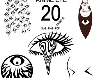 Może przedstawiać: Czarno-biała grafika przedstawiająca różne projekty oczu anime. Obraz zawiera tekst "MINI BUNDLE #1 ANIME EYE 20 DESIGNS SVG - PNG - PDF". Projekty obejmują kolekcję oczu, stylizowane oko z efektem kapania i postać z okiem.
