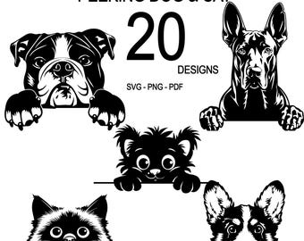 Puede incluir: Un conjunto de 20 diseños digitales en blanco y negro que muestran perros y gatos asomándose por encima de una superficie. Los diseños están disponibles en formatos SVG, PNG y PDF. El texto "MINI BUNDLE#6 PEEKING DOG & CAT 20 DESIGNS SVG-PNG-PDF" está incluido en la imagen.