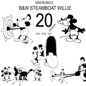 Puede incluir: Un conjunto de 20 diseños digitales en blanco y negro que presentan a Mickey Mouse en varias poses. Los diseños incluyen a Mickey Mouse con una rueda de barco, Mickey Mouse con una gran boca abierta, Mickey Mouse con una gran boca abierta y un Mickey Mouse más pequeño, y Mickey Mouse con una rueda de barco. El texto "20 Designs" y "SVG - PNG - PDF" está incluido en la imagen.