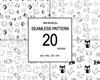 May include: A collection of 20 seamless patterns in black and white, featuring various animal illustrations. The patterns include bears, cats, and other creatures. The image also includes the text "MINI BUNDLE #2" and "SEAMLESS PATTERN".