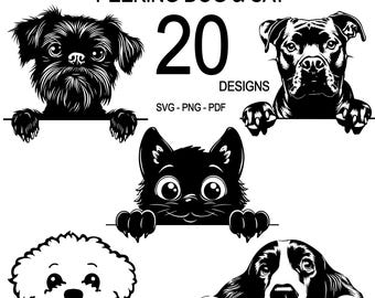 Può includere: Un set di 20 design digitali in bianco e nero con cani e gatti che sbirciano da dietro una superficie. I design sono in formato SVG, PNG e PDF. Il testo "MINI BUNDLE#3 PEEKING DOG & CAT 20 DESIGNS SVG-PNG-PDF" è incluso nell'immagine.