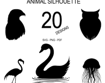 Puede incluir: Un conjunto de 20 diseños de siluetas de animales negros, que incluyen un águila, un búho, un cisne, un flamenco y una medusa. El texto "MINI BUNDLE #2 ANIMAL SILHOUETTE 20 DESIGNS SVG - PNG - PDF" también está incluido en la imagen.