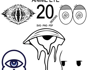 Może przedstawiać: Kolekcja 20 wzorów oczu anime w czerni i bieli, w tym czaszka z okiem, szczegółowe oko z postacią w środku i inne stylizowane ilustracje oczu. Tekst brzmi "MINI BUNDLE #2 ANIME EYE" i "SVG - PNG - PDF".
