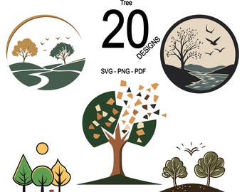 Op de afbeelding: Een set van 20 boomontwerpen in SVG, PNG en PDF-formaten. De ontwerpen bevatten verschillende stijlen bomen, waaronder een boom met een kronkelend pad, een boom met een rivier en een boom met een zon erachter. De ontwerpen zijn perfect voor gebruik in knutselprojecten, scrapbooking en digitaal ontwerp.