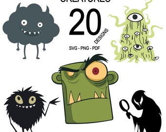 Puede incluir: Un paquete de arte digital con criaturas de dibujos animados. La imagen incluye un monstruo de nube oscura, una cara verde con aspecto de zombi, un monstruo negro y peludo, una criatura con múltiples ojos y una silueta. El texto dice "MINI BUNDLE #3 CREATURES 20 DESIGNS SVG - PNG - PDF."