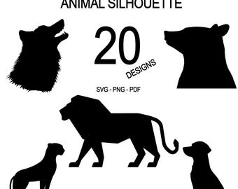 Puede incluir: Un conjunto de 20 diseños de silueta de animales negros. Los diseños incluyen un lobo, un oso, un león, un guepardo y un perro. El texto "MINI BUNDLE #1 ANIMAL SILHOUETTE 20 DESIGNS SVG - PNG - PDF" se muestra debajo de las imágenes.