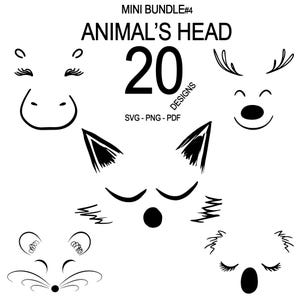 Könnte beinhalten: Schwarz-weiße Grafik mit 20 Tierkopf-Designs. Das Bild enthält Umrisse verschiedener Tiergesichter, wie Katze, Rentier und Koala. Der Text oben lautet "MINI BUNDLE #4 ANIMAL'S HEAD 20 DESIGNS SVG - PNG - PDF."