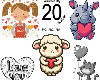 May include: A set of 20 Valentine's Day designs featuring cute cartoon animals, hearts, and text. The designs include a girl with pigtails holding a heart, a rhino holding a heart, a sheep holding a heart, a cat holding a balloon, and a heart with the text "Love you".