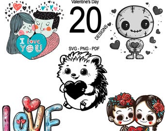 May include: A set of 20 Valentine's Day themed digital designs. The designs include a couple holding a heart that says "I love you", a hedgehog holding a heart, a skeleton couple holding a heart that says "love", and a stitched doll holding a heart. The designs are in SVG, PNG, and PDF formats.