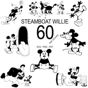 Puede incluir: Clipart digital en blanco y negro de Steamboat Willie, un personaje de dibujos animados creado por Walt Disney. La imagen incluye múltiples poses del personaje, incluyendo tocando la trompeta, sosteniendo un micrófono y de pie sobre una caja. El texto "STEAMBOAT WILLIE 60" está incluido en la imagen. SVG - PNG - PDF.
