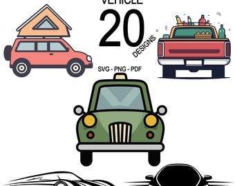 Może przedstawiać: Zestaw 20 mini projektów pojazdów, w tym czerwony pick-up z nadwoziem kempingowym, zielony samochód i czarny samochód sportowy. Projekty są dostępne w formatach SVG, PNG i PDF.
