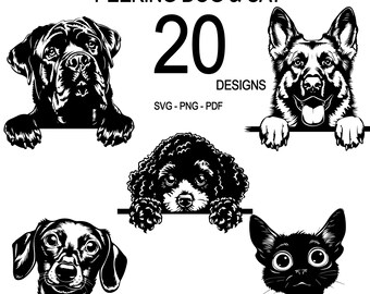 Può includere: Un set di 20 illustrazioni digitali in bianco e nero di cani e gatti che sbirciano da dietro una superficie. Le illustrazioni sono in uno stile semplice e cartonato. SVG-PNG-PDF.