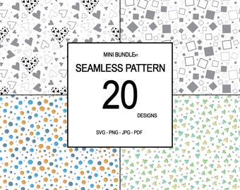 May include: A set of 20 seamless patterns featuring various designs, including hearts, squares, and dots. The patterns are available in SVG, PNG, JPG, and PDF formats.  MINI BUNDLE#1 SEAMLESS PATTERN 20 DESIGNS SVG - PNG - JPG - PDF