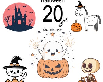 May include: A set of 20 Halloween-themed digital designs, including a ghost holding sparklers, a cat in a witch's hat, a skeleton holding a pumpkin bucket, a horse with a witch's hat, and a haunted house. The text "MINI BUNDLE #1 Halloween 20 DESIGNS SVG - PNG - PDF" is also included.