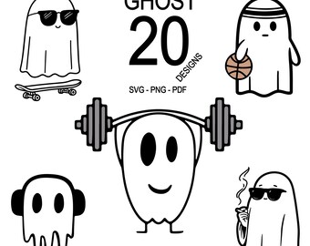 May include: A collection of 20 ghost designs in black and white. The ghosts are depicted with various accessories, including sunglasses, a skateboard, headphones, a basketball, and a barbell. Text reads "MINI BUNDLE #1 GHOST 20 DESIGNS SVG - PNG - PDF".