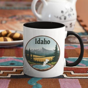 Idaho Coffee Mug: Rustic State Souvenir with Mountains & Hot Springs