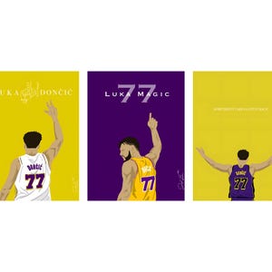 May include: Three digital art prints featuring a basketball player wearing a purple and gold jersey with the number 77. The player is shown in different poses. The text "Luka Dončić" and "Luka Magic" are included in the prints.
