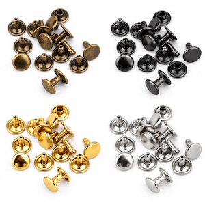 Puede incluir: Una colección de remaches metálicos en cuatro acabados distintos: latón antiguo, negro mate, oro pulido y plata brillante. Cada remache consta de una tapa lisa y redondeada y un poste, dispuestos en cuatro grupos separados por color.