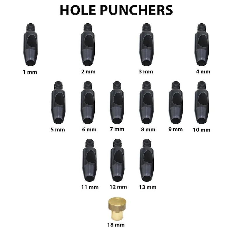 May include: A collection of black hole punchers in various sizes, ranging from 1 mm to 13 mm, and a single 18 mm brass puncher. The text "HOLE PUNCHERS" is displayed at the top.