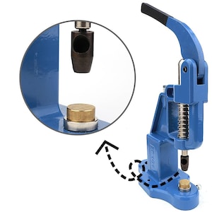 May include: A blue metal snap fastener machine with a black handle. The machine has a spring and a brass and silver base. A close-up shows the snap components.