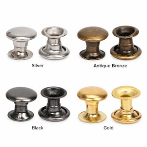 May include: A collection of metal rivets in four finishes: silver, antique bronze, black, and gold. Each set includes a smooth, rounded cap and a corresponding base piece. The text labels Silver, Antique Bronze, Black, and Gold are visible.