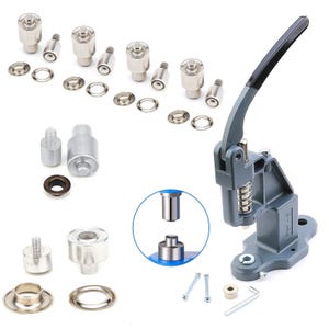 May include: A gray metal eyelet press with a black handle, various metal eyelet setting tools, and several silver eyelets. The press has a spring mechanism and a blue base. The tools and eyelets are scattered around the press.