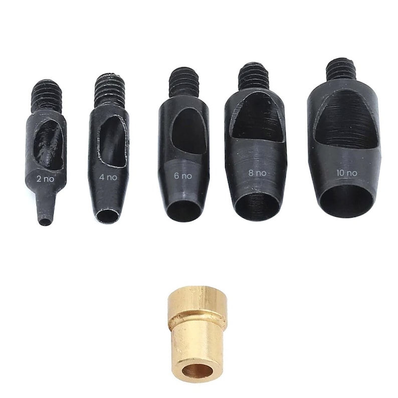 May include: A set of five black metal hole punch tools with varying sizes, labeled 2 no, 4 no, 6 no, 8 no, and 10 no. A brass metal base is also included. These tools are designed for creating holes in various materials.
