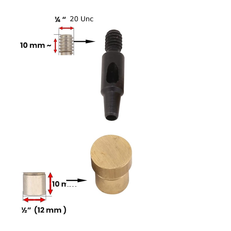 May include: An assortment of metal tools, including a black punch tool with a threaded top and a brass cylinder. The image also shows measurements: 1/4" 20 Unc, 10 mm, and 1/2" (12 mm).