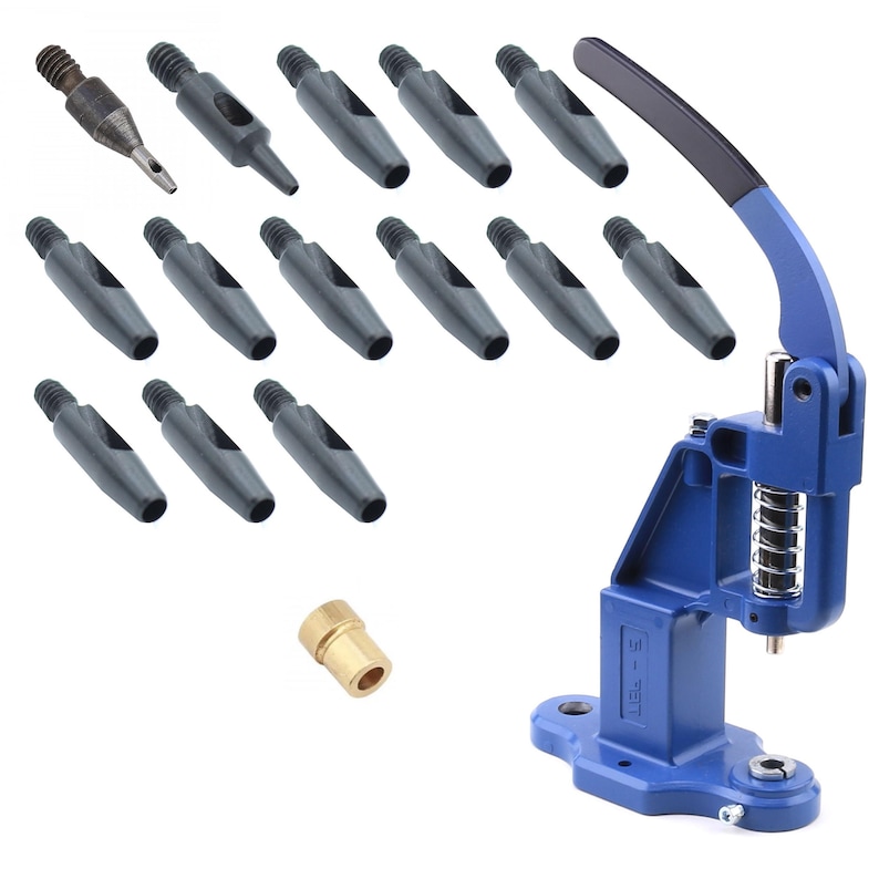May include: A blue hand press tool with a black handle and a set of various-sized metal hole punch attachments. The tool has a spring mechanism and a base with mounting holes. A brass fitting is also included.