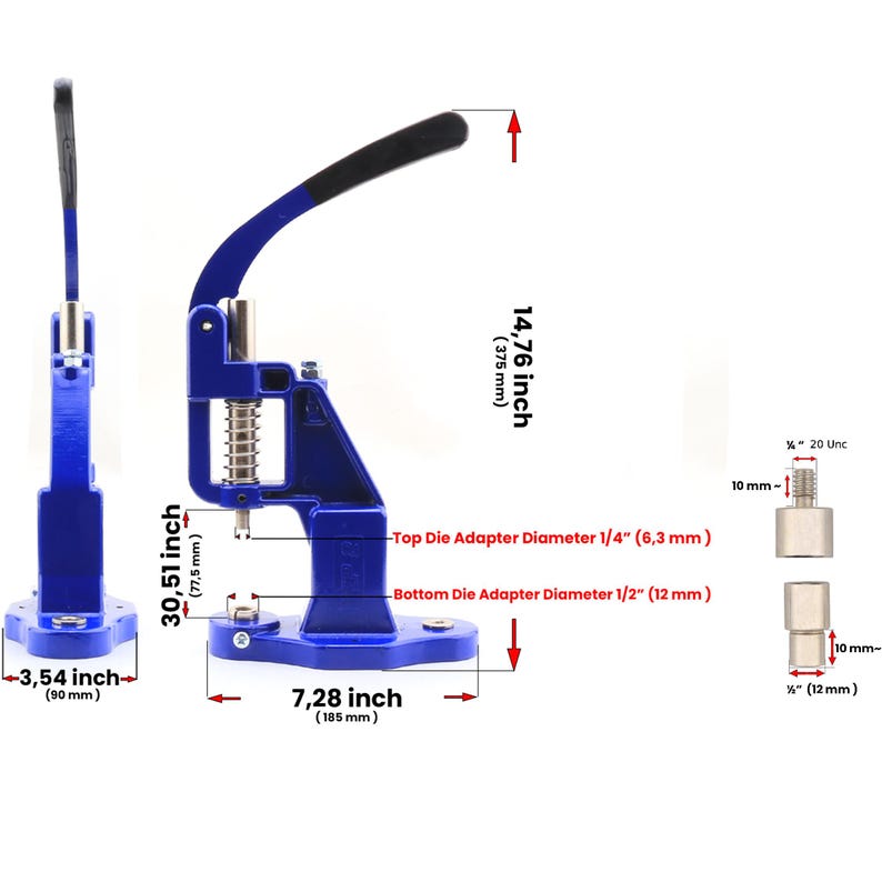 May include: A blue manual press machine with a black handle. The machine is 14.76 inches (375 mm) tall, 7.28 inches (185 mm) wide, and 3.54 inches (90 mm) deep. It includes top and bottom die adapters.