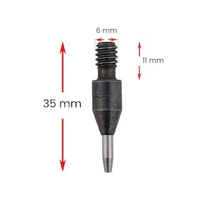 May include: A metal tool with a threaded top, measuring 6 mm wide and 11 mm long, with a total length of 35 mm. The tool has a tapered body and a pointed tip. The tool is dark gray in color.